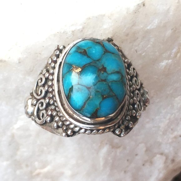Blue Copper Turquoise .925 Ring Ornate Silver - Picture 10 of 16